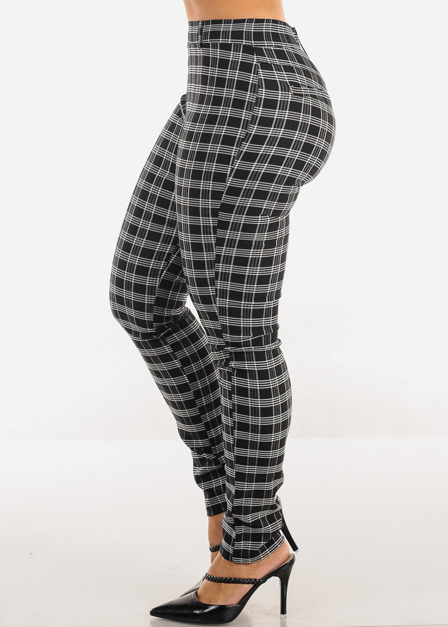 High Waist Plaid Skinny Pants Black