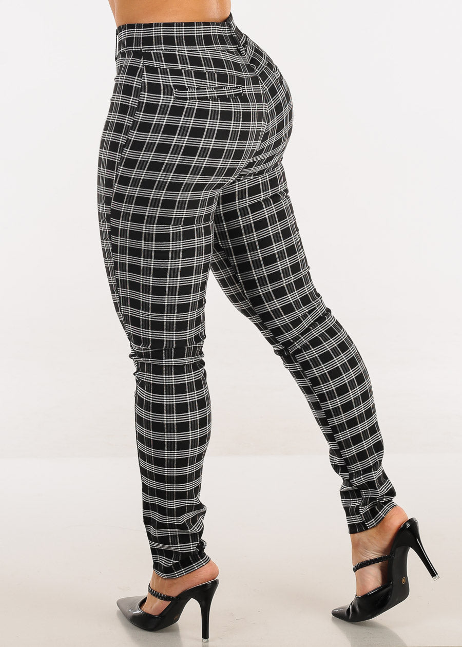 High Waist Plaid Skinny Pants Black