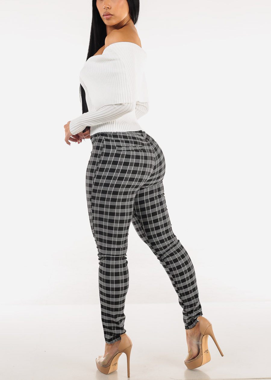 High Waist Plaid Skinny Pants Black