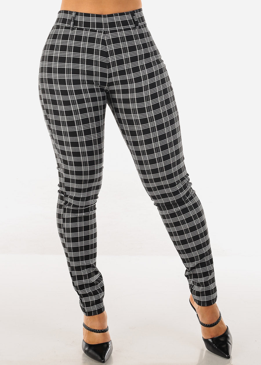 High Waist Plaid Skinny Pants Black