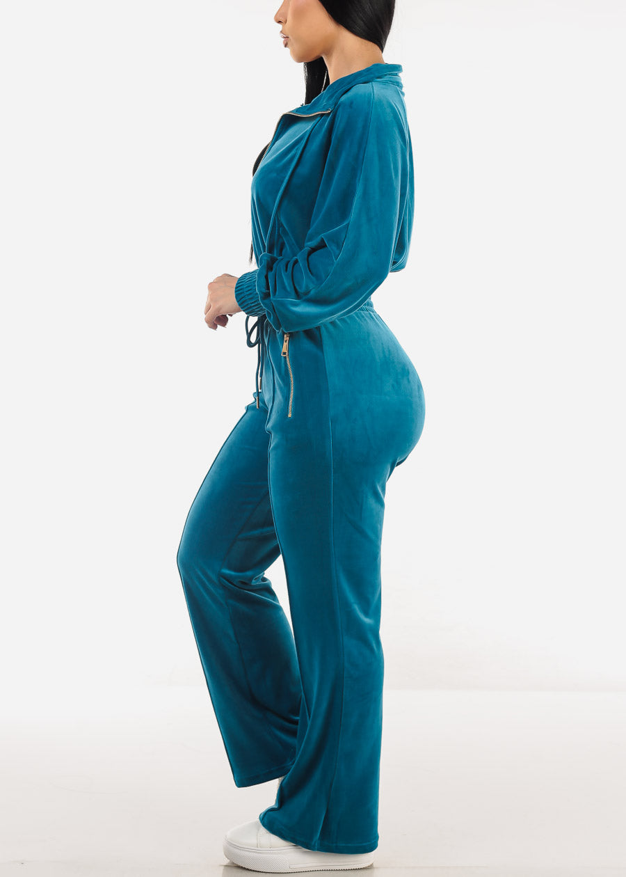 Zip Up Velvet Tracksuit Blue (2 PCE SET)