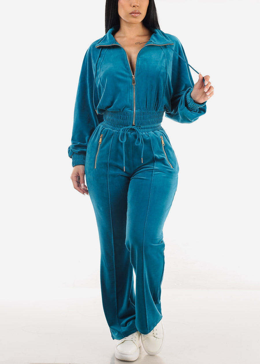 Zip Up Velvet Tracksuit Blue (2 PCE SET)