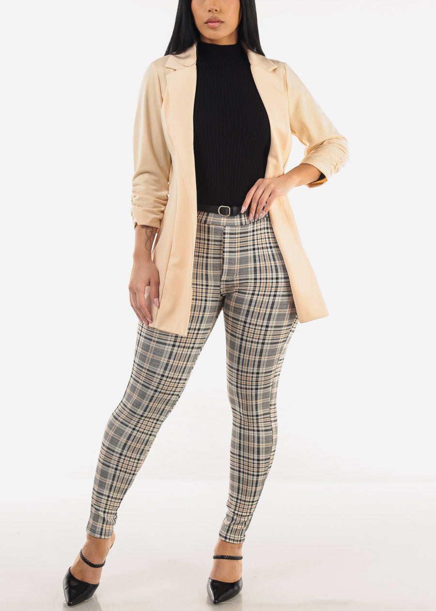 Butt Lift High Waist Plaid Skinny Ankle Pants Beige w Belt