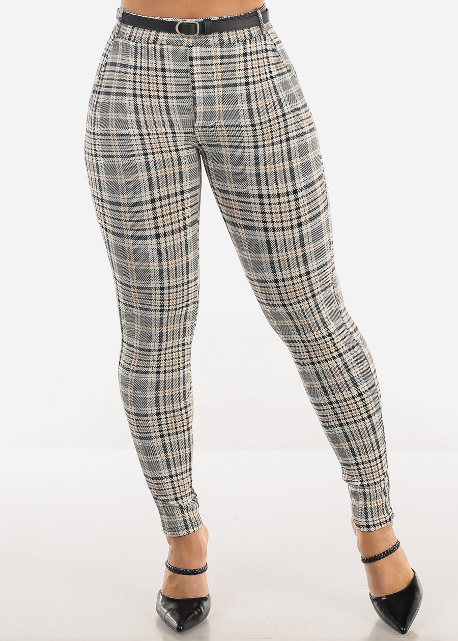 Butt Lift High Waist Plaid Skinny Ankle Pants Beige w Belt