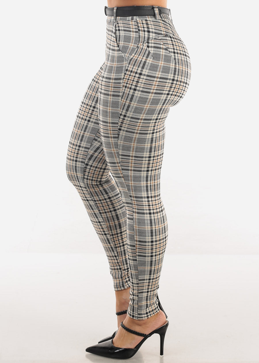 Butt Lift High Waist Plaid Skinny Ankle Pants Beige w Belt