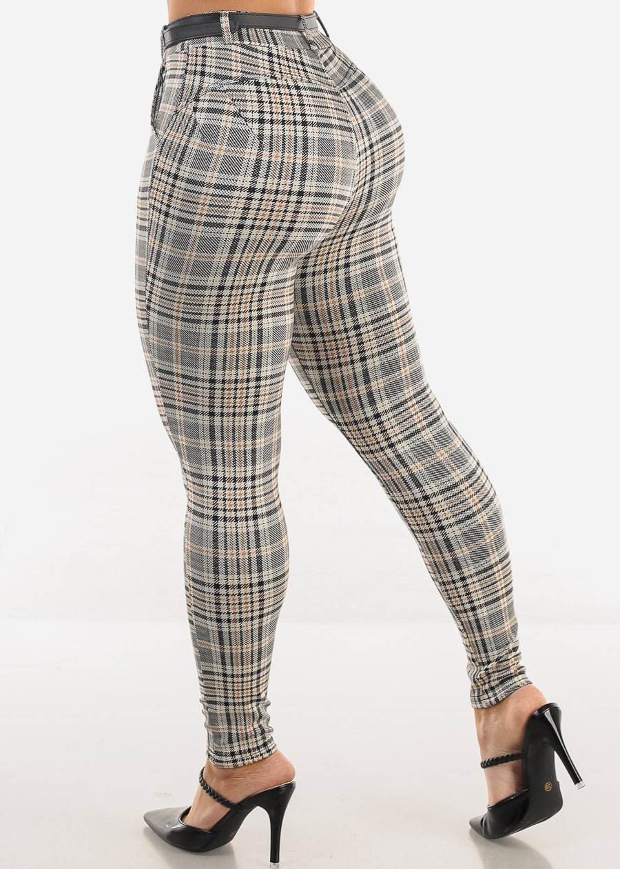 Butt Lift High Waist Plaid Skinny Ankle Pants Beige w Belt