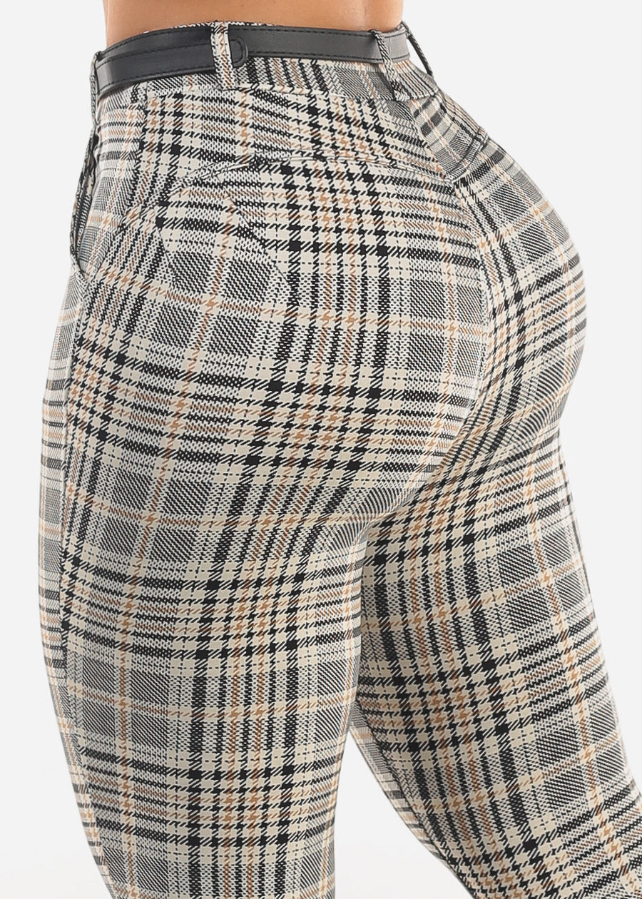 Butt Lift High Waist Plaid Skinny Ankle Pants Beige w Belt