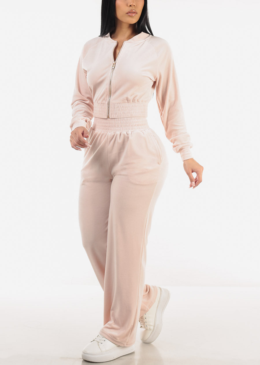 Velvet Zip Up Tracksuit Light Pink (2 PCE SET)