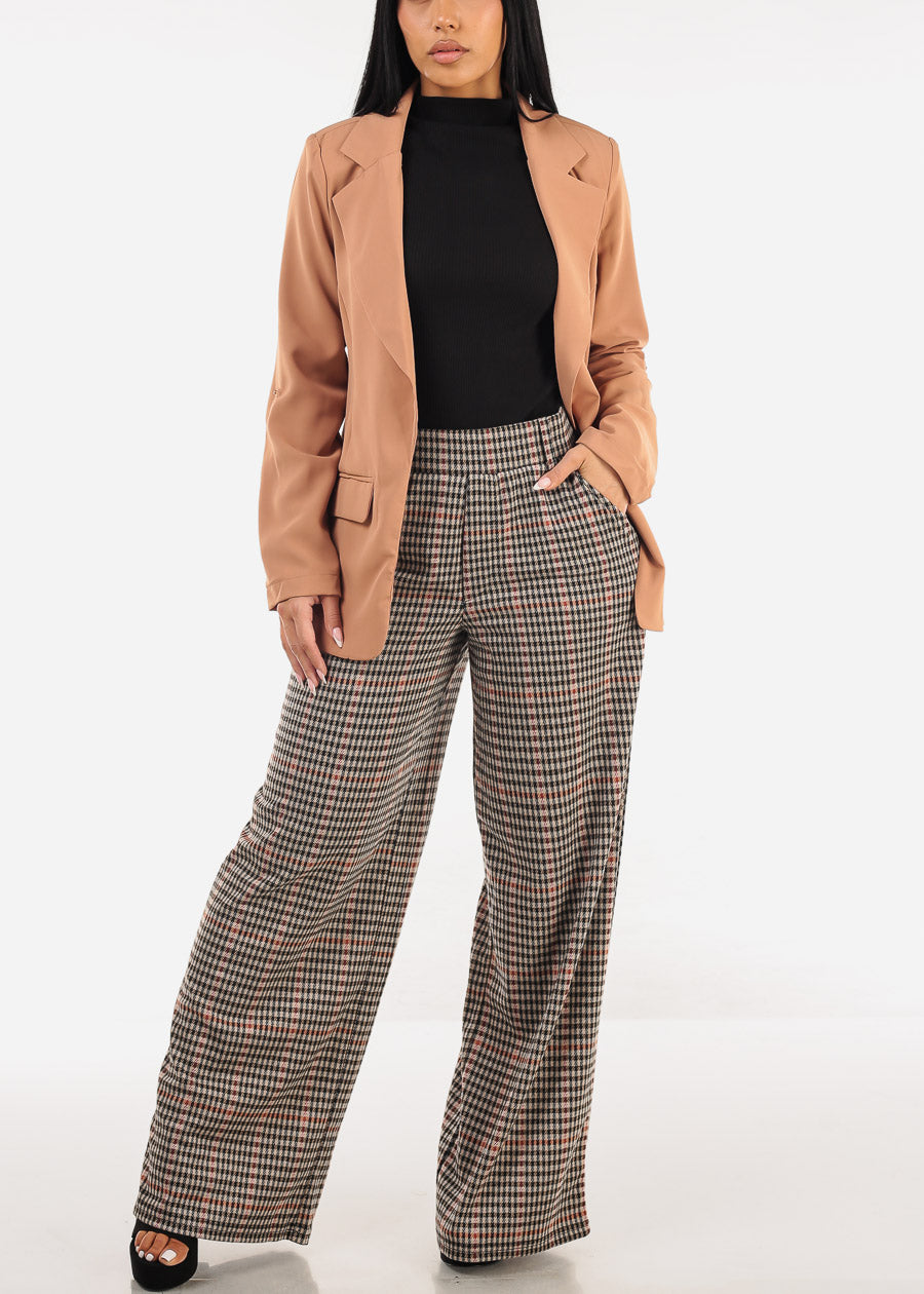 Super High Waist Wide Leg Plaid Pants Taupe