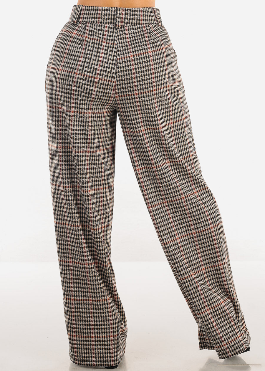 Super High Waist Wide Leg Plaid Pants Taupe