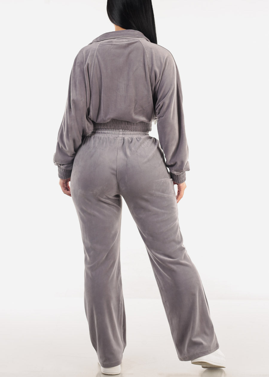 Zip Up Velvet Tracksuit Grey (2 PCE SET)