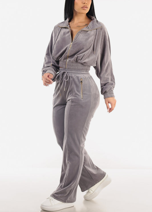 Zip Up Velvet Tracksuit Grey (2 PCE SET)