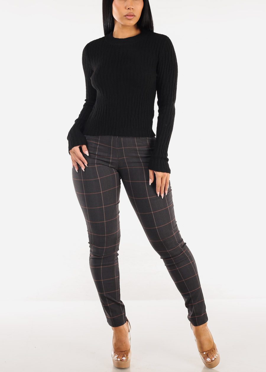 High Waist Plaid Skinny Pants Charcoal