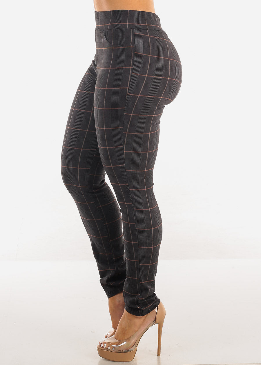 High Waist Plaid Skinny Pants Charcoal