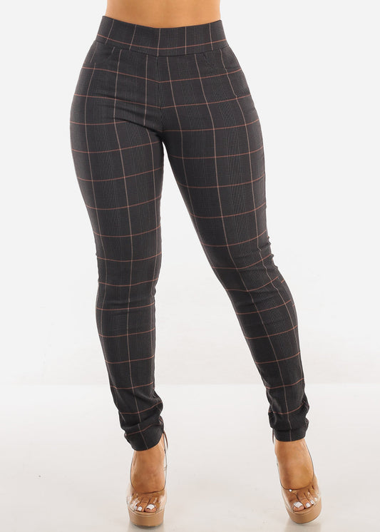 High Waist Plaid Skinny Pants Charcoal