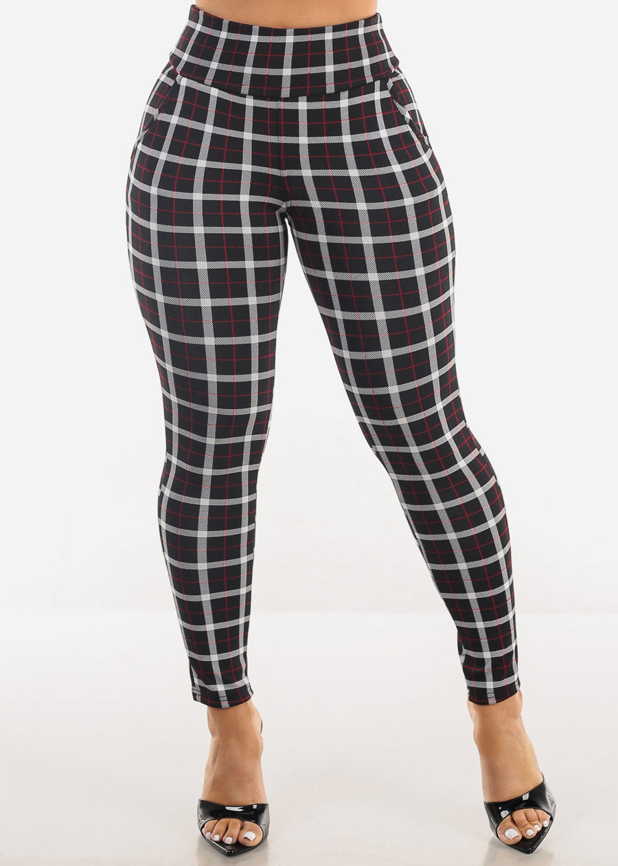 Butt Lift Super High Waist Plaid Skinny Ankle Pants Black