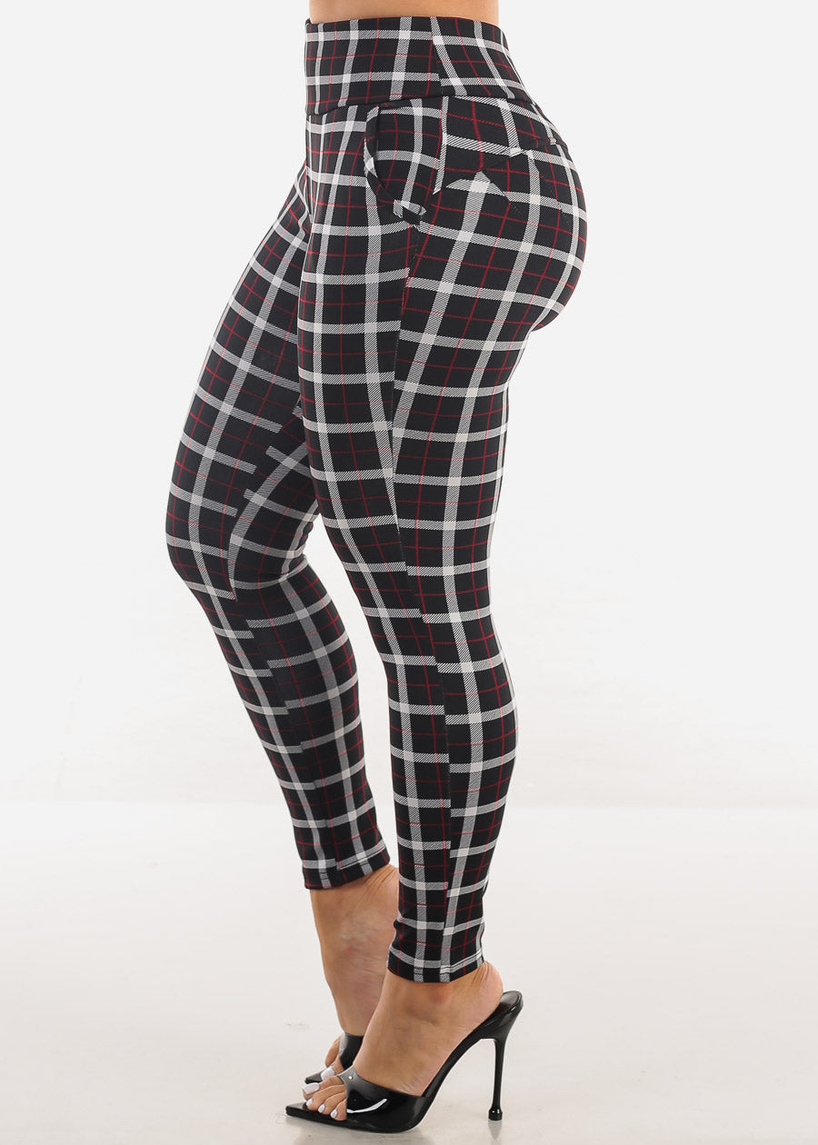 Butt Lift Super High Waist Plaid Skinny Ankle Pants Black