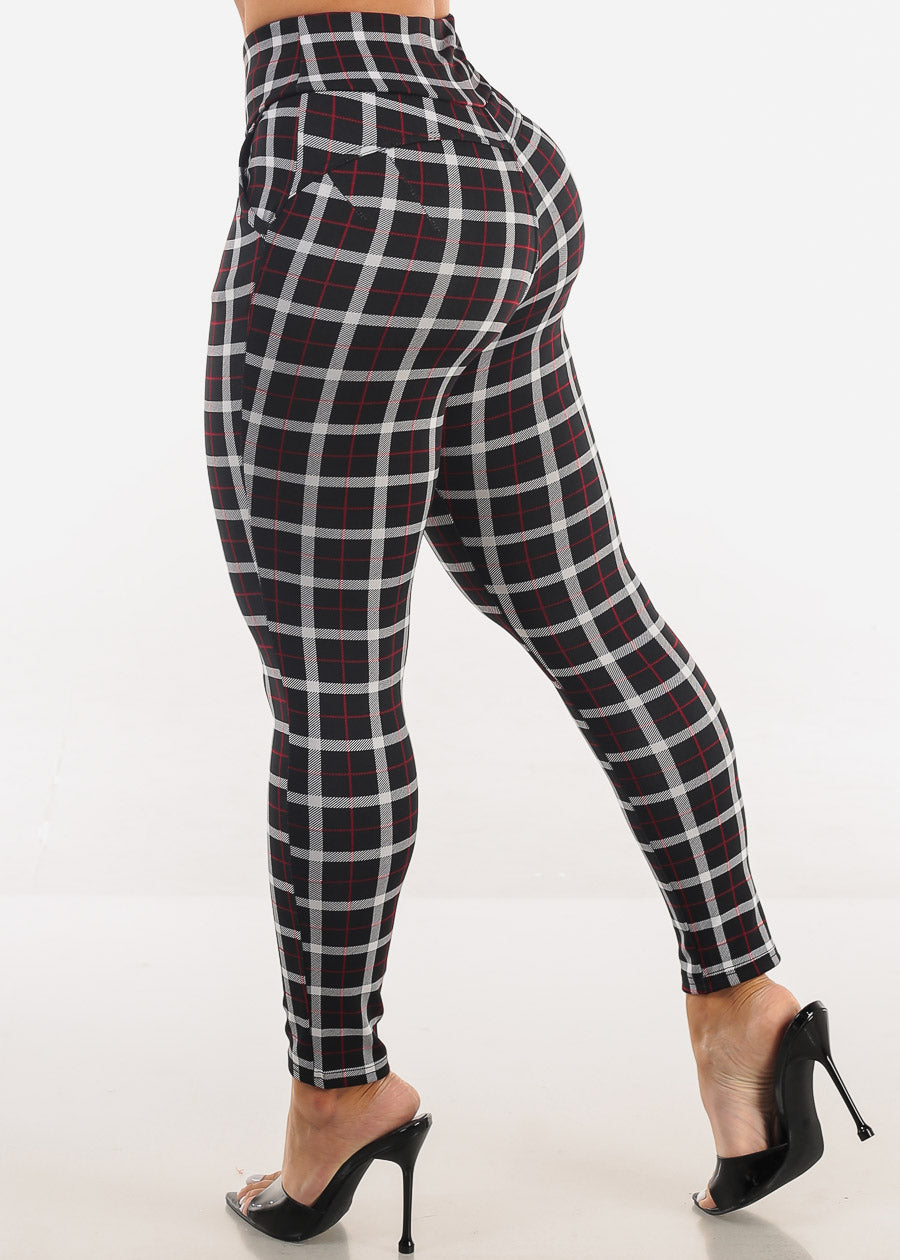 Butt Lift Super High Waist Plaid Skinny Ankle Pants Black