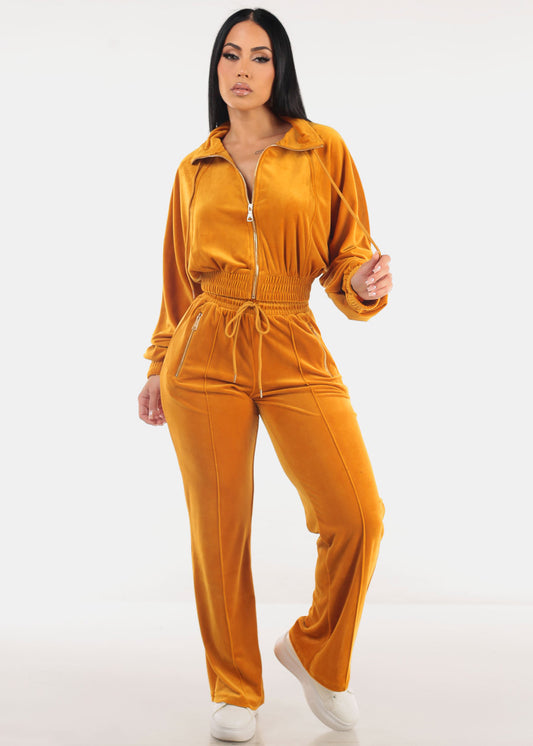 Zip Up Velvet Tracksuit Mustard (2 PCE SET)