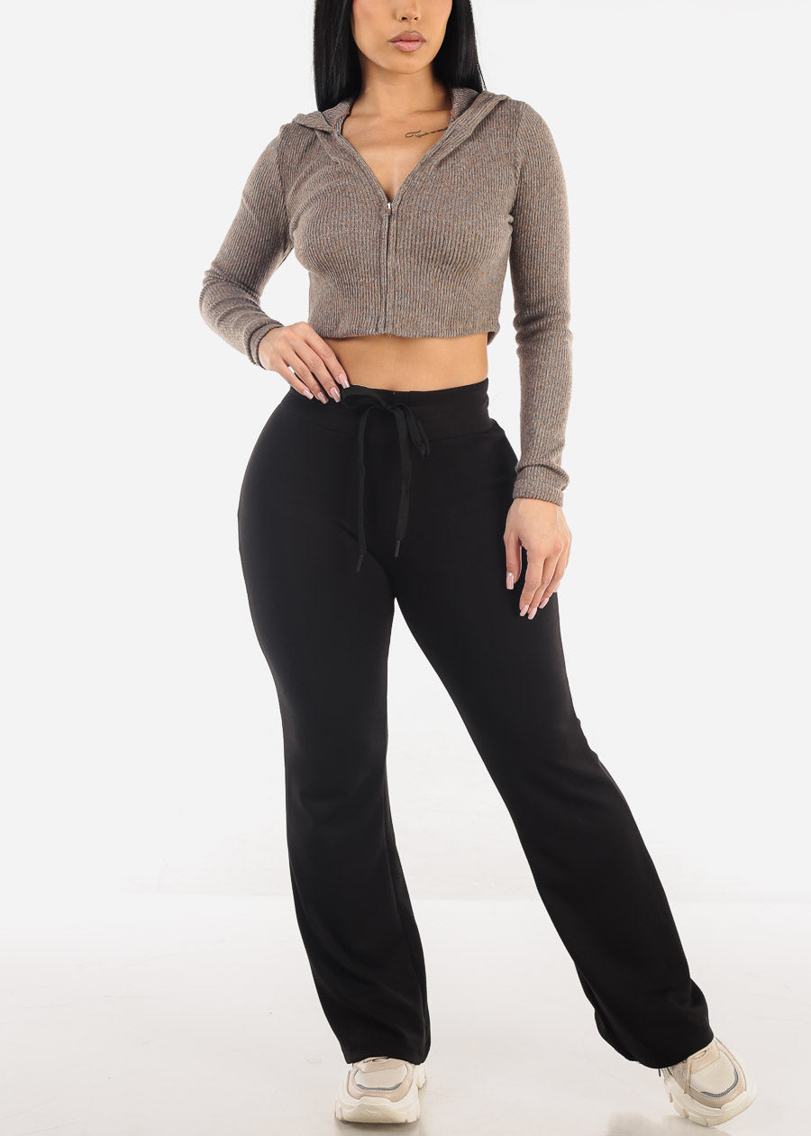 High Drawstring Waist Butter Soft Flared Pants Black