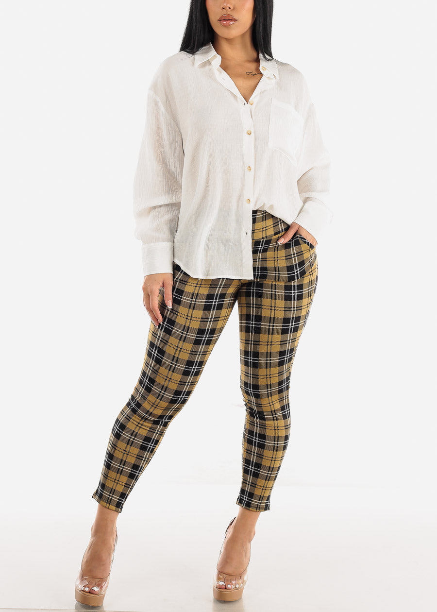 High Rise Butt Lift Plaid Skinny Pants Mustard