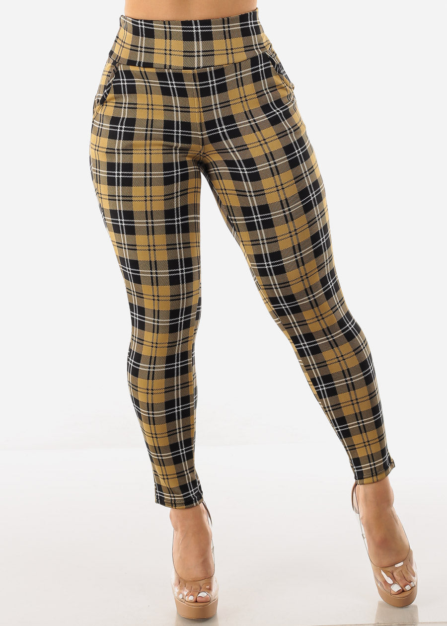 High Rise Butt Lift Plaid Skinny Pants Mustard