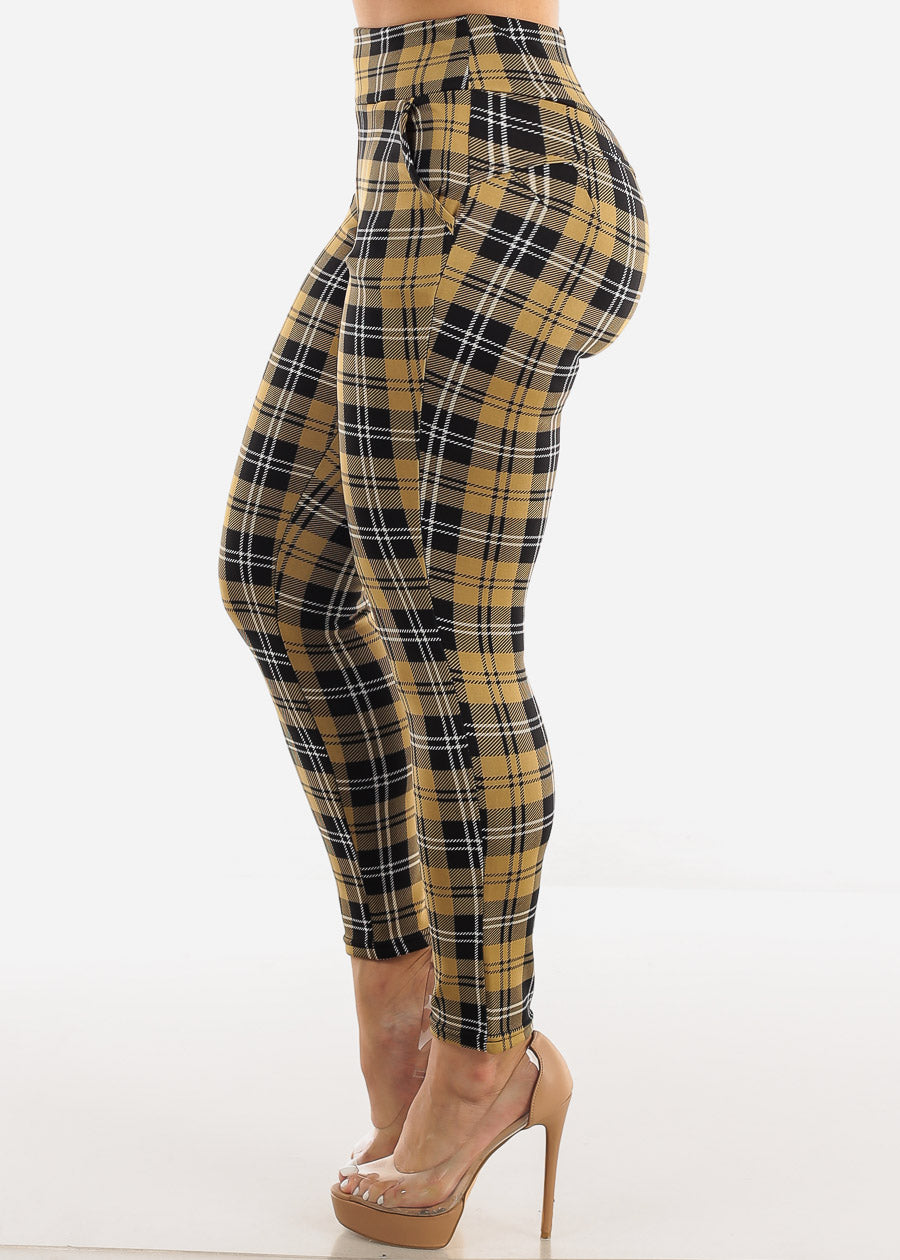 High Rise Butt Lift Plaid Skinny Pants Mustard