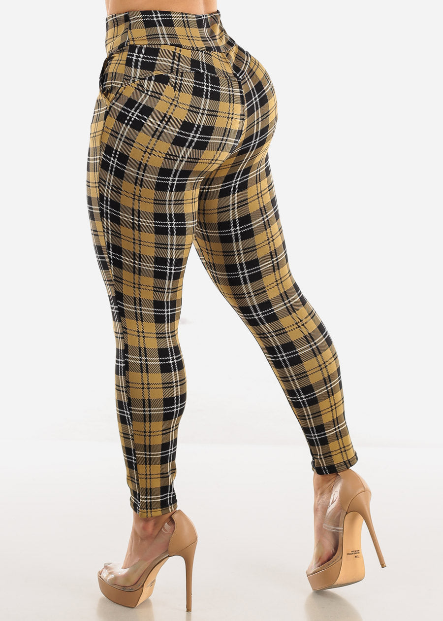 High Rise Butt Lift Plaid Skinny Pants Mustard