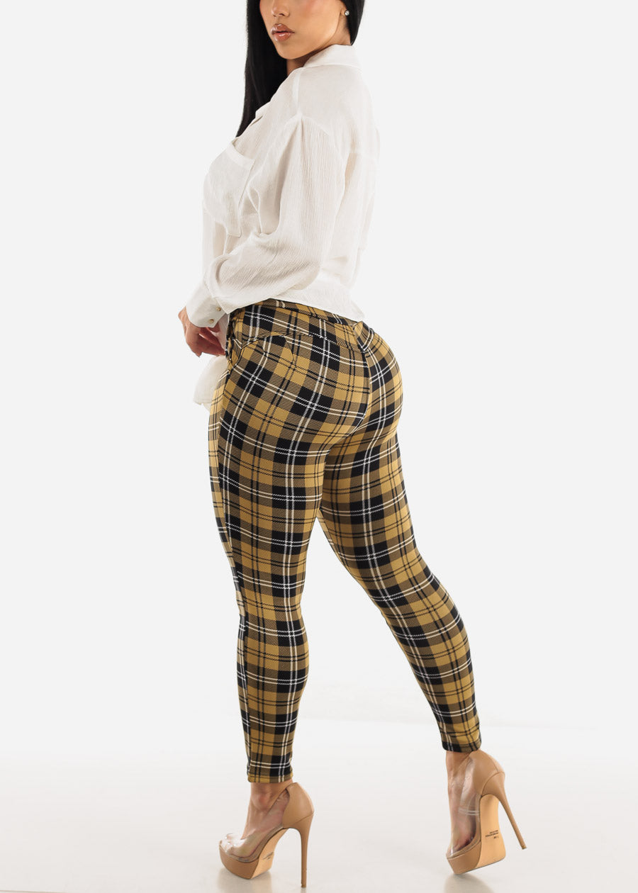 High Rise Butt Lift Plaid Skinny Pants Mustard