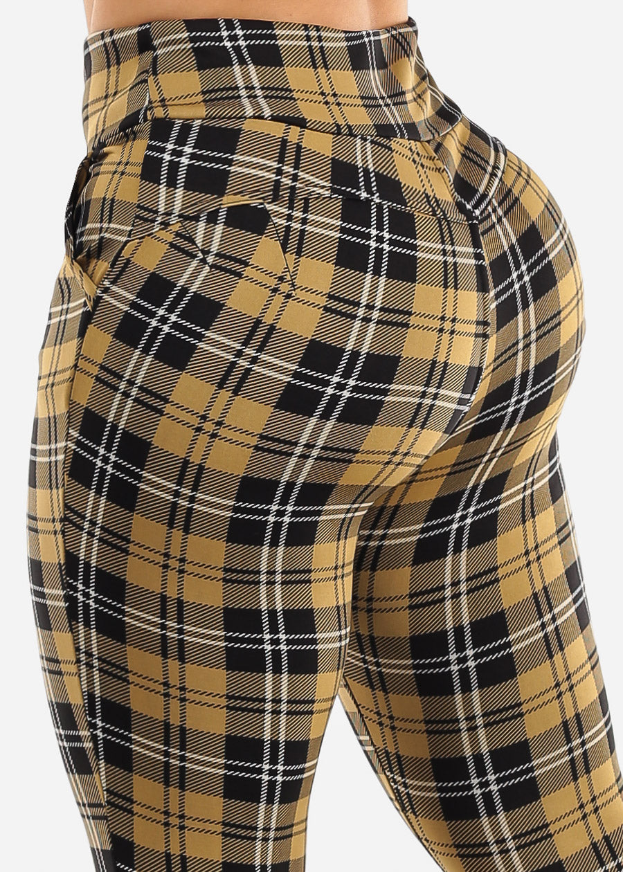 High Rise Butt Lift Plaid Skinny Pants Mustard