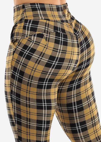 Women's Plaid Butt Lifting Skinny Pants - Mustard Plaid Butt Lift Pants –  Moda Xpress