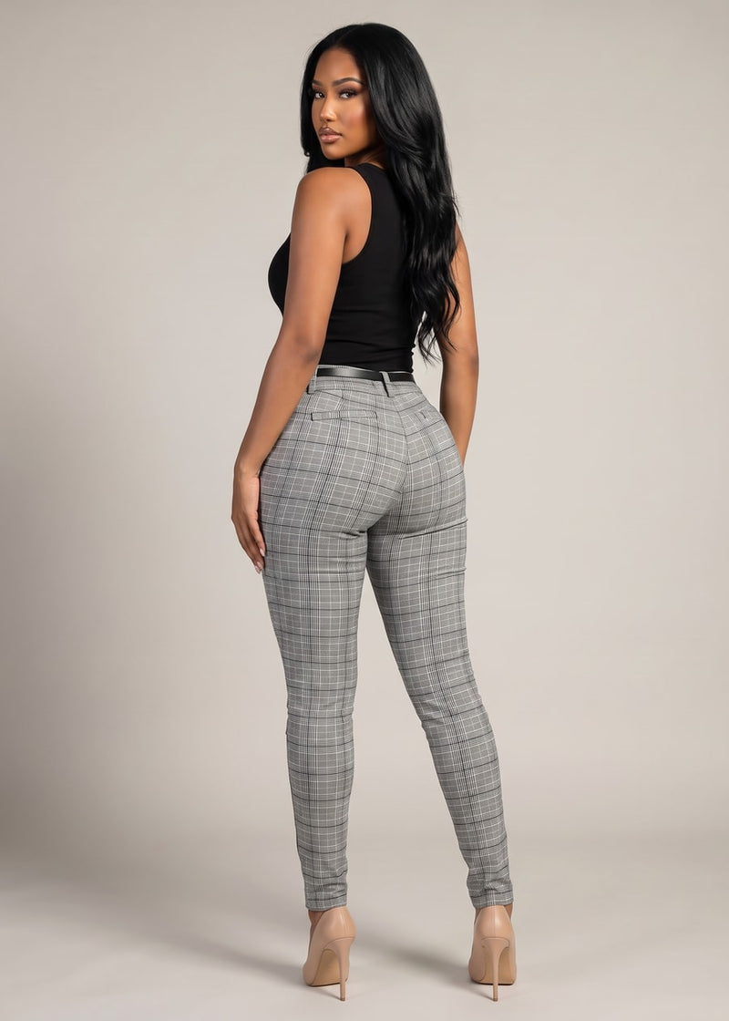 High Waisted Checkered Skinny Pants w Belt