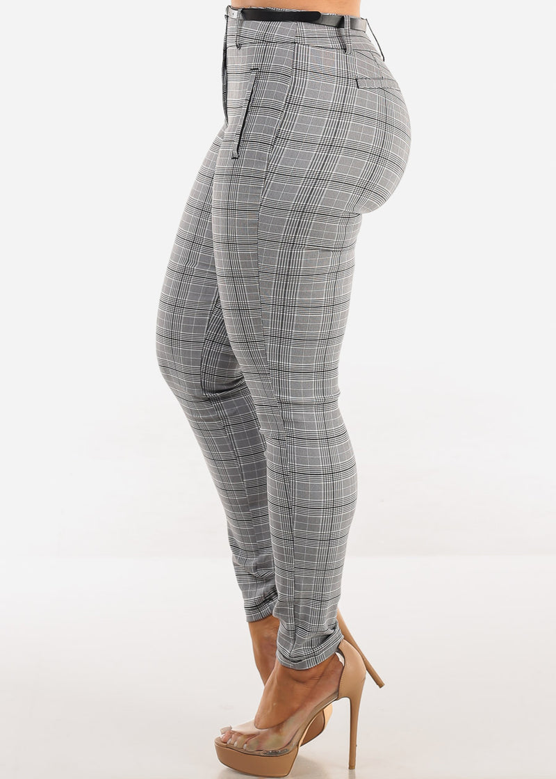 High Waisted Checkered Skinny Pants w Belt