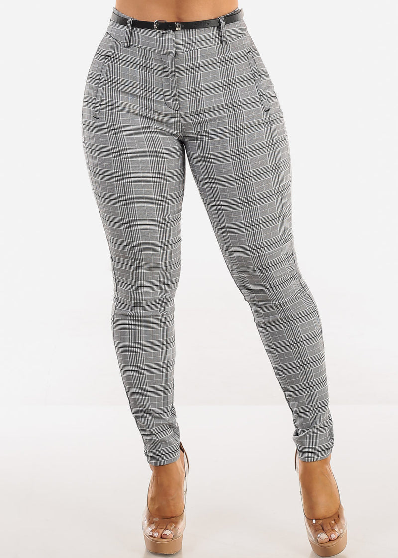 High Waisted Checkered Skinny Pants w Belt