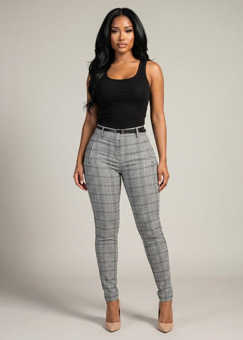 High Waisted Checkered Skinny Pants w Belt