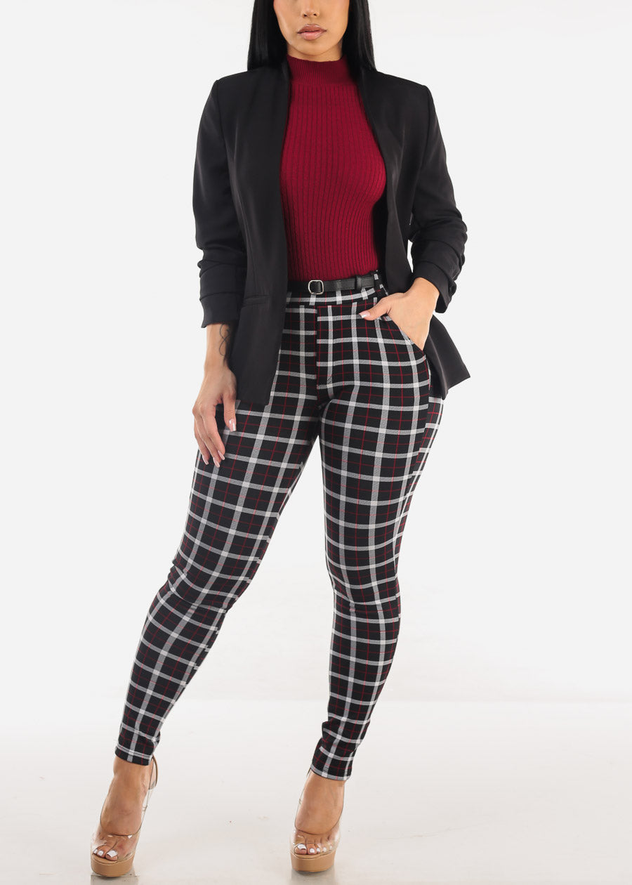 Butt Lift High Waist Plaid Skinny Pants Black w Belt