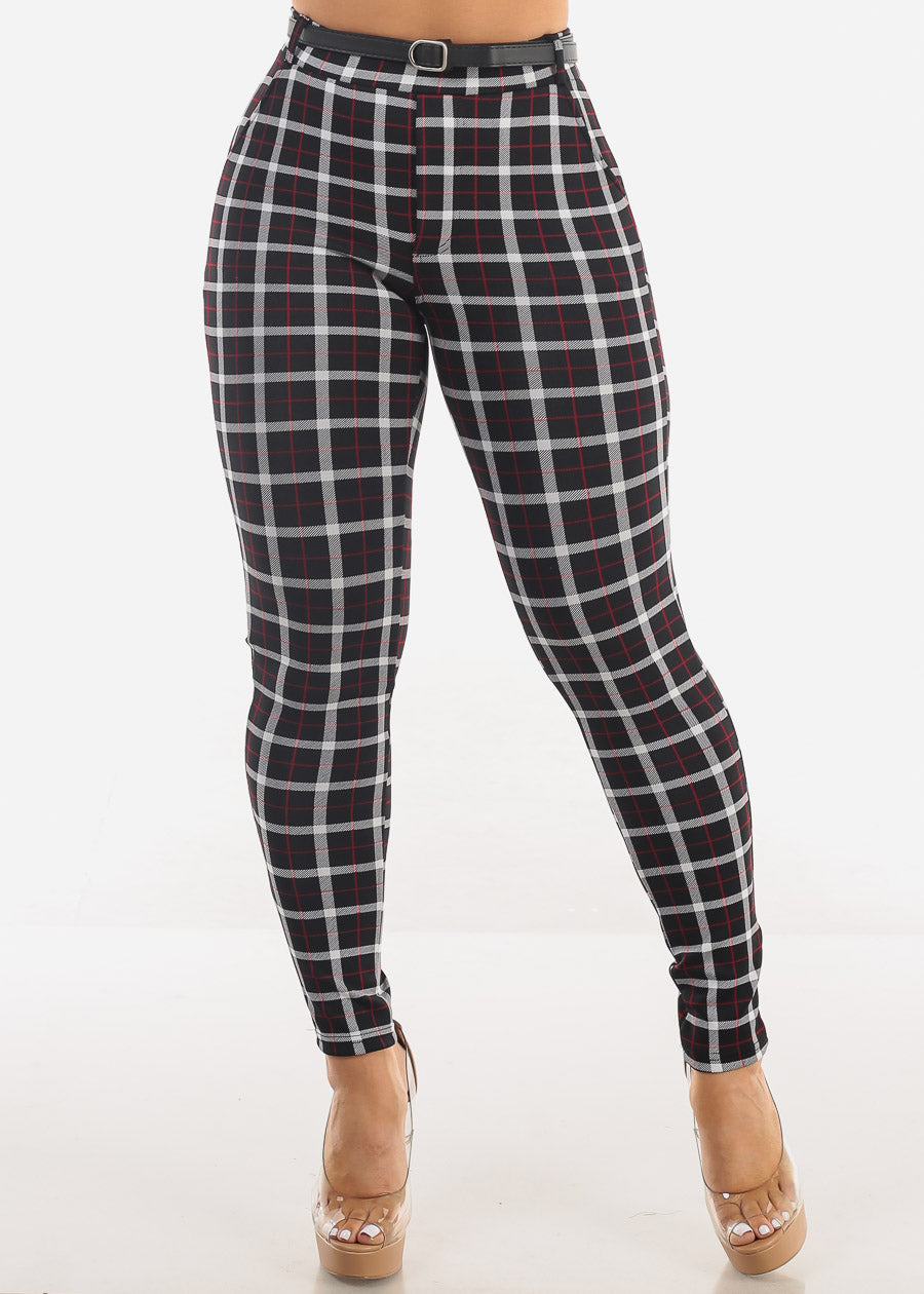 Butt Lift High Waist Plaid Skinny Pants Black w Belt