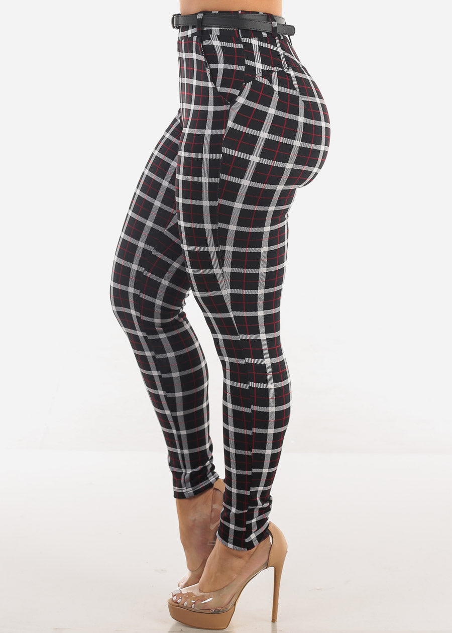 Butt Lift High Waist Plaid Skinny Pants Black w Belt