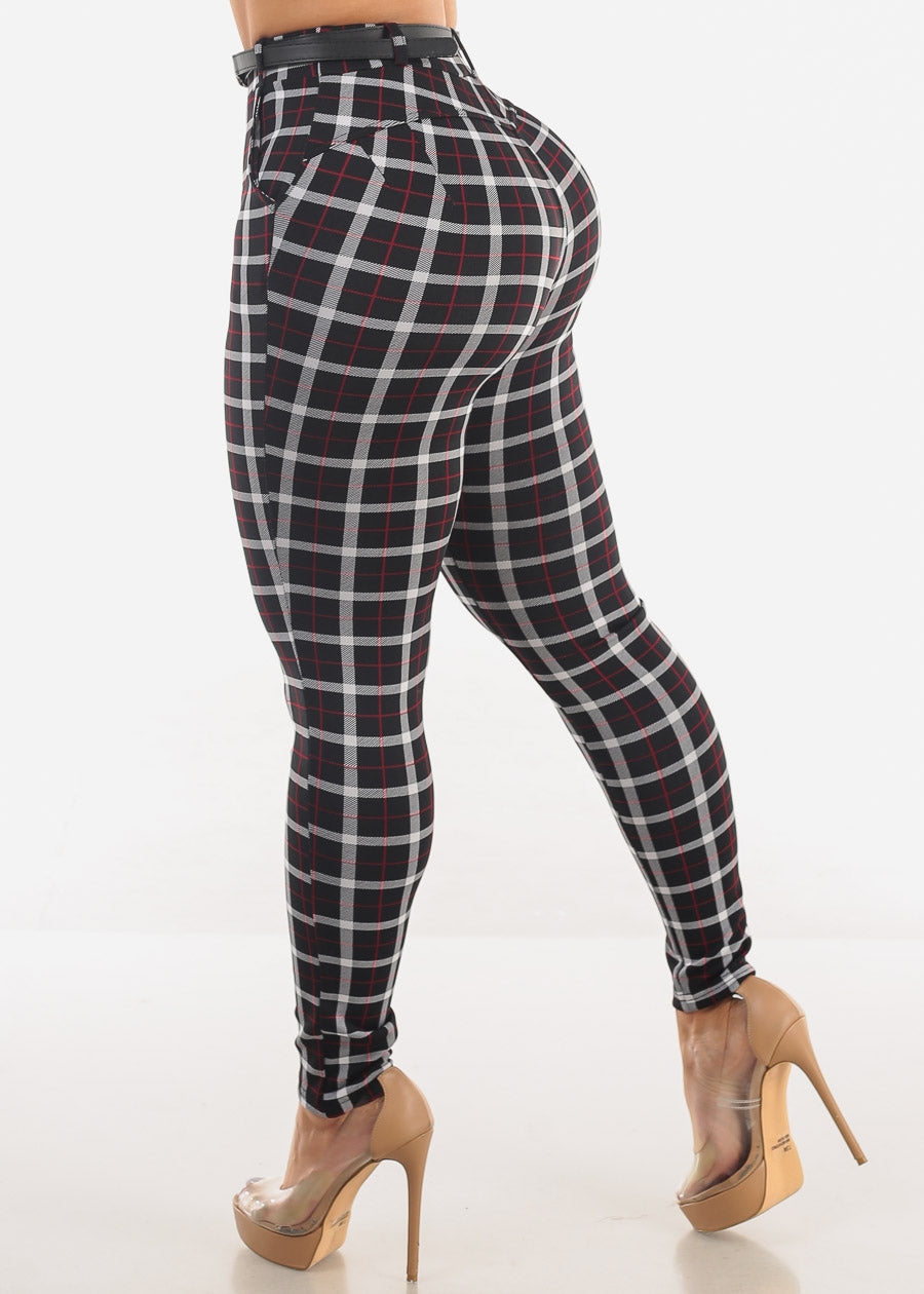 Butt Lift High Waist Plaid Skinny Pants Black w Belt