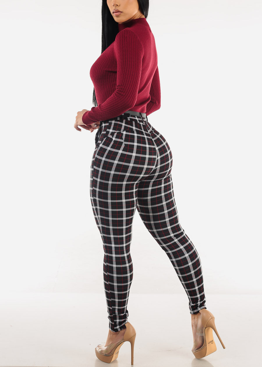 Butt Lift High Waist Plaid Skinny Pants Black w Belt