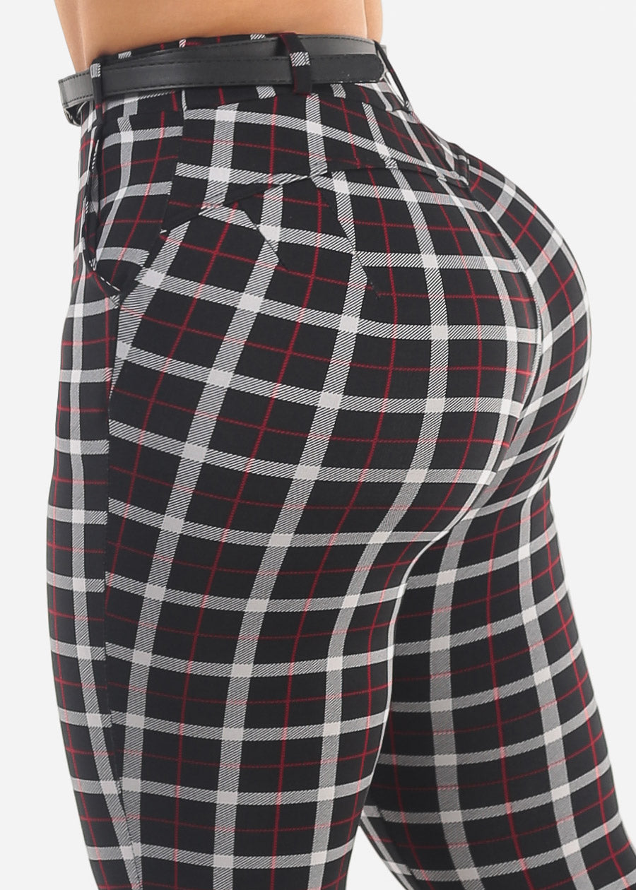 Butt Lift High Waist Plaid Skinny Pants Black w Belt