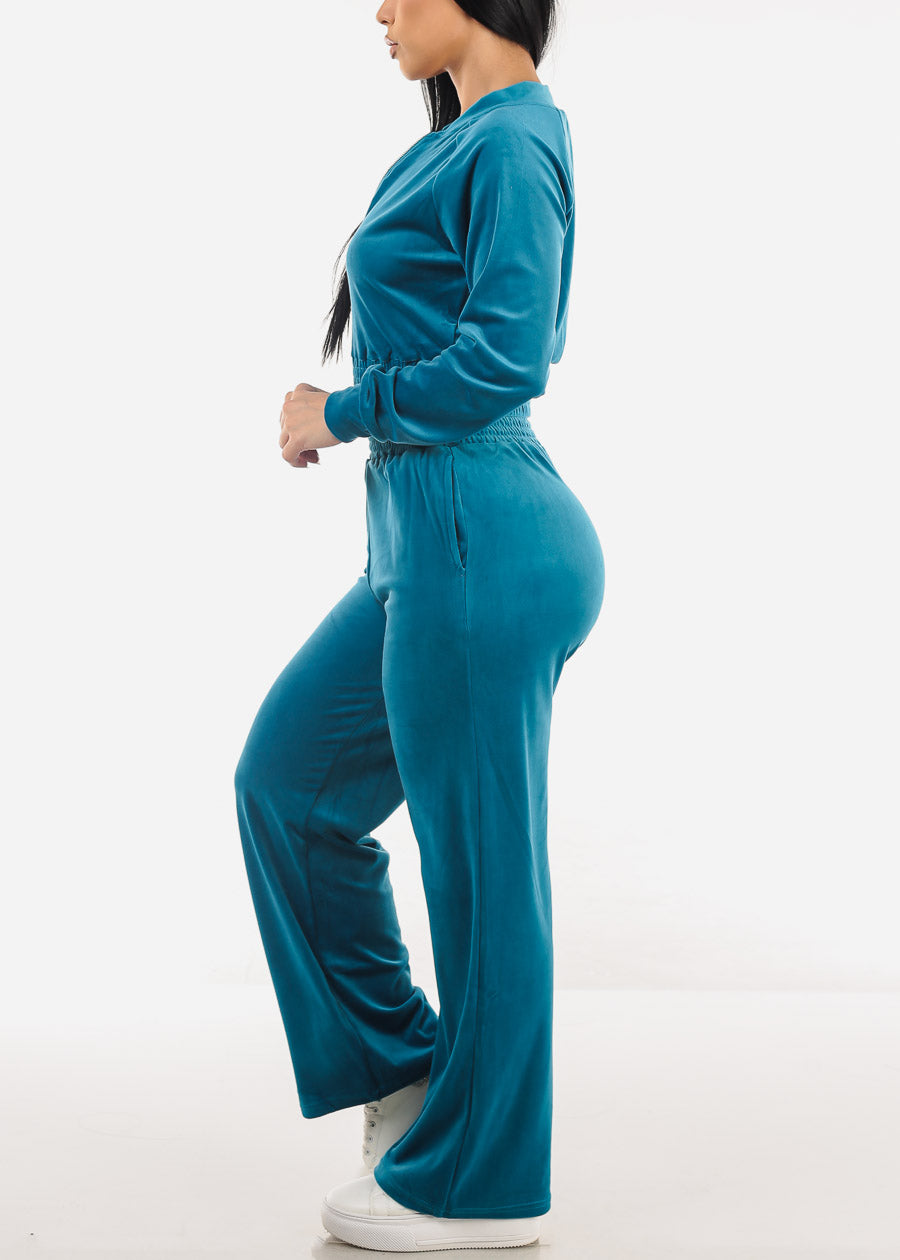 Velvet Zip Up Tracksuit Blue (2 PCE SET)