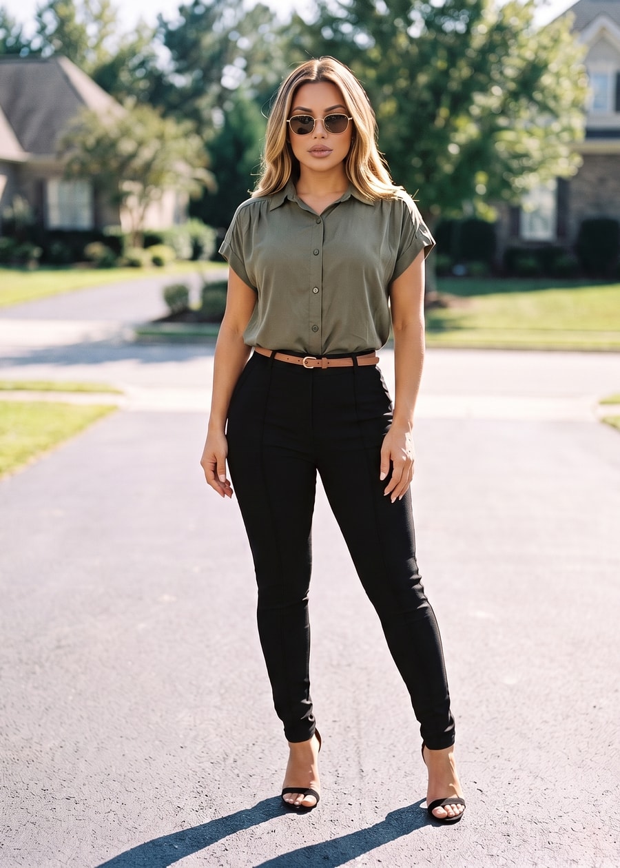 Butt Lift High Waisted Black Twill Skinny Pants w Belt, view 4 of 13