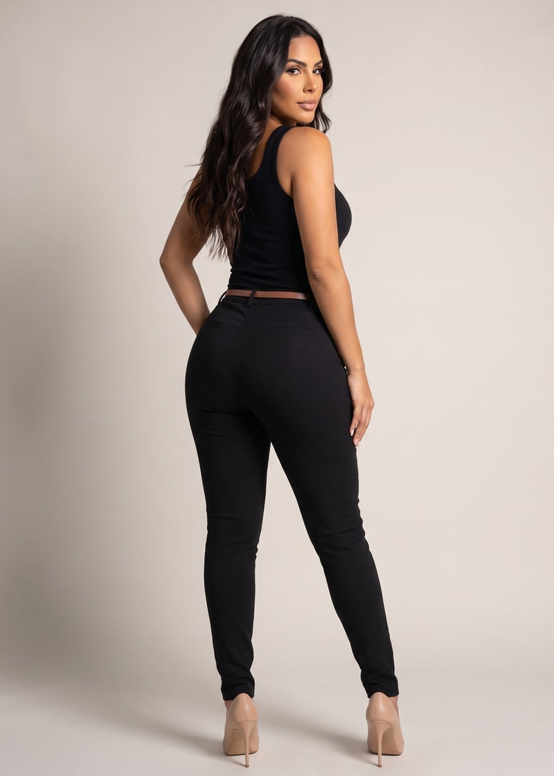 Butt Lift High Waisted Black Twill Skinny Pants w Belt