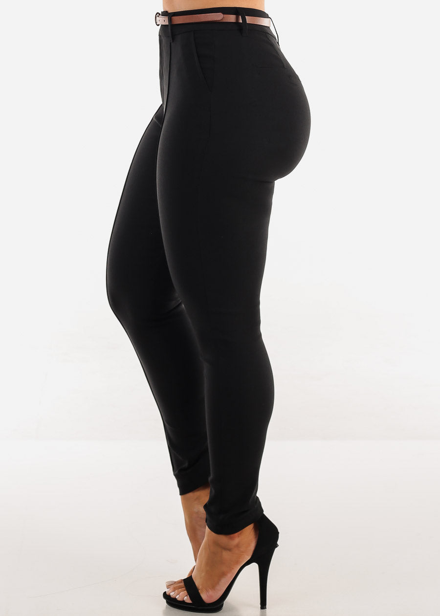 Butt Lift High Waisted Black Twill Skinny Pants w Belt