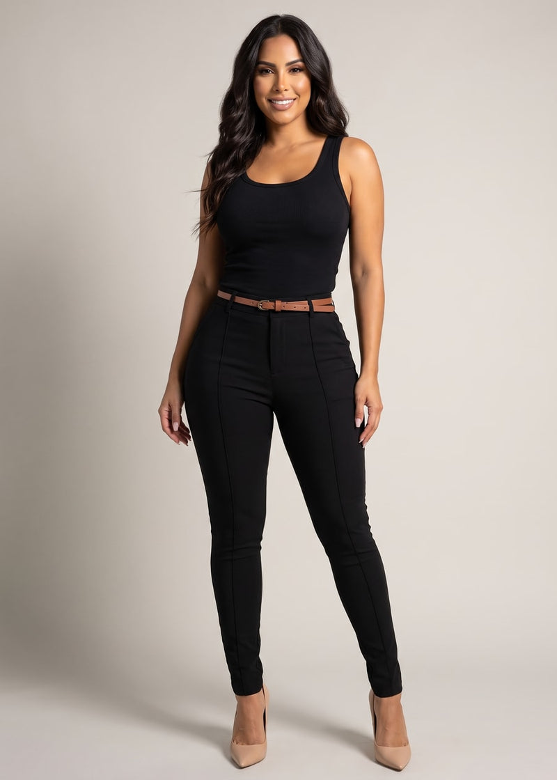 Butt Lift High Waisted Black Twill Skinny Pants w Belt