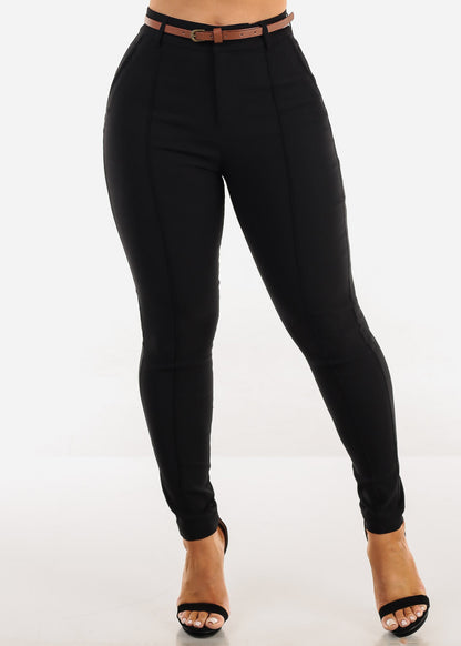 Butt Lift High Waisted Black Twill Skinny Pants w Belt