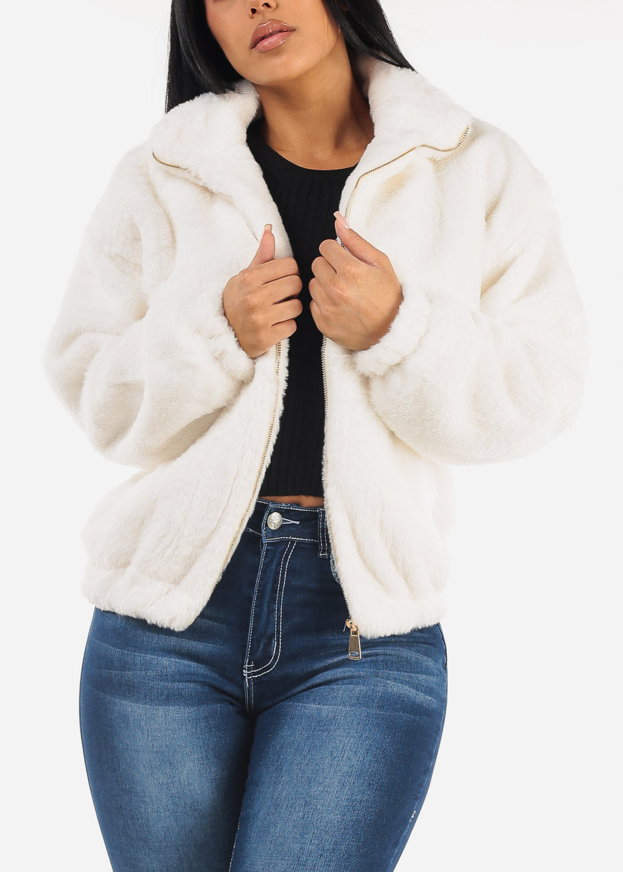 White Long Sleeve Zip Up Faux Fur Collared Jacket