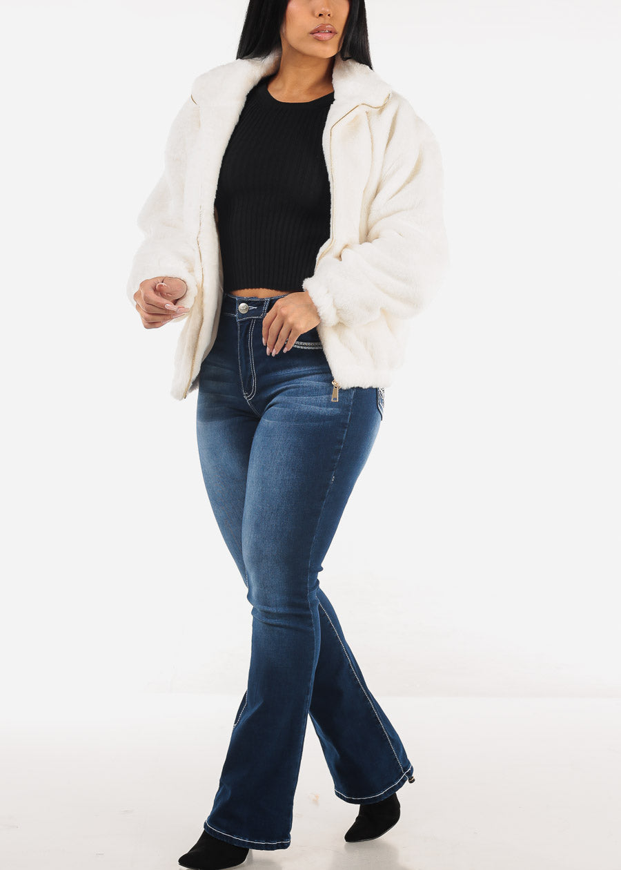 White Long Sleeve Zip Up Faux Fur Collared Jacket