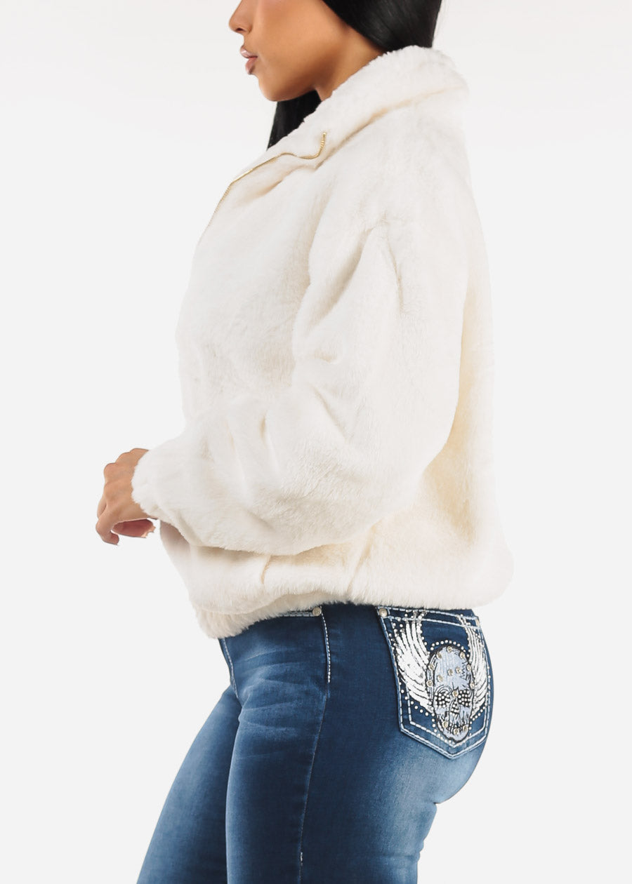 White Long Sleeve Zip Up Faux Fur Collared Jacket